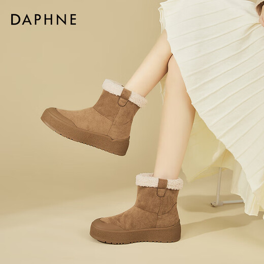 达芙妮（DAPHNE）厚底短靴女2024秋冬季新款百搭加绒保暖雪地靴时尚短靴棉鞋女靴子 卡其色 37