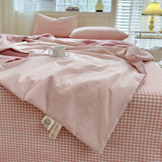 Yunmanqing Class A maternal and infant grade cotton air-conditioned quilt four-piece set soybean pure cotton summer cooling quilt dormitory single and double four-season cotton quilt small grid-pink (pillowcase stripe + plaid) 1.8-sheet style summer quilt four-piece set