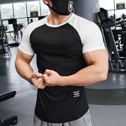 Lutielang sports tights men's quick-drying short-sleeved T-shirt running fitness clothes handsome muscle training elastic breathable autumn white XL