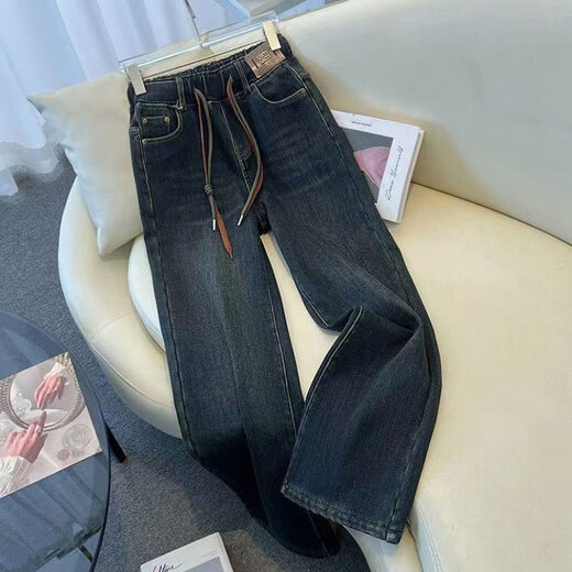 Pierre Cardin 2025 Plüsch verdickte elastische Jeansfeder und Herbst neuer Retro Loose Slim Version Straight Hosen 1283 Blau verdickte Plüsch S 80-97
