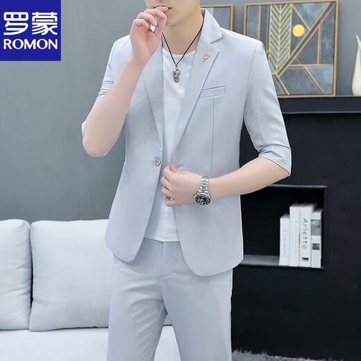 ROMON Korean style casual spring and autumn suit men's slim business formal suit groom handsome British casual small suit men black (three-piece suit - top + pants + T-shirt) L 105-120Jin Jin equals 0.5 kg