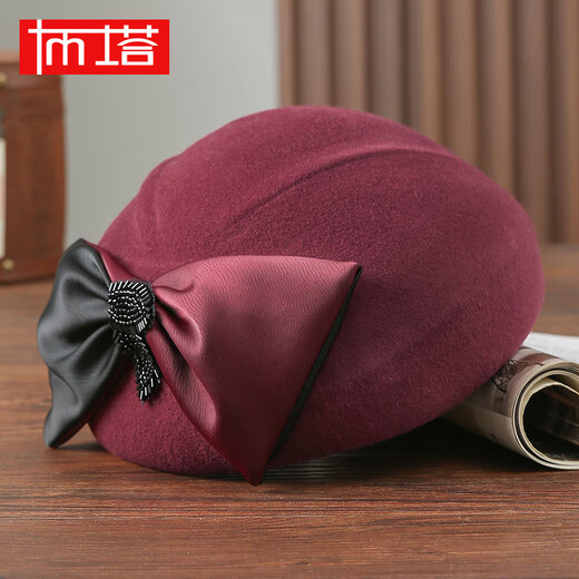 Buta autumn and winter wool beret retro woolen hat women's winter new big bow retro temperament beret hat burgundy