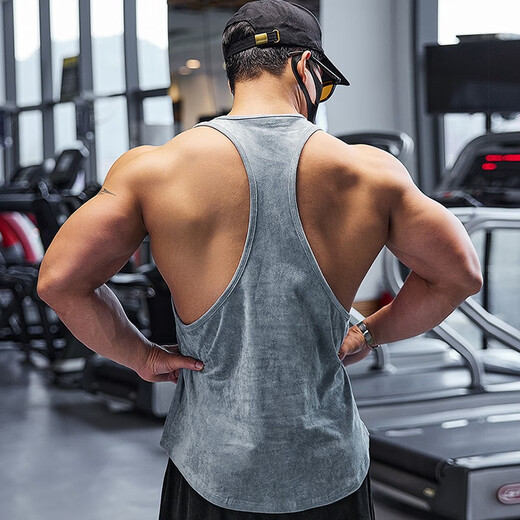 Lutielang professional fitness clothes loose quick-drying sleeveless blouse muscle training racer vest running sports men beige color L