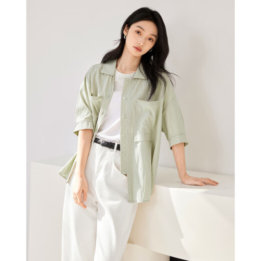 White mint Mambo French short-sleeved white shirt for women 2024 summer new shirt design niche loose top scented tea green (pre-sale shipped on May 10) S