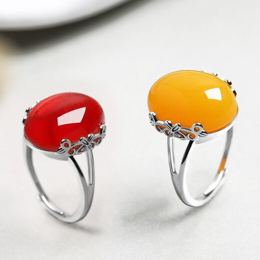 Fire clam beeswax ring chicken fat yellow old honey 925 silver plated 18K gold wine red blood amber amber ring natural chicken fat yellow + gold ring setting