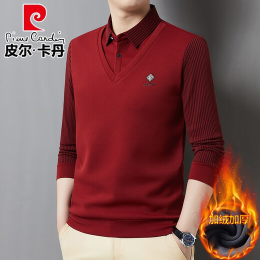 Pierre Cardin brand autumn and winter men's fake two-piece velvet collar striped casual pullover bottoming shirt men's top khaki 4XL 130-