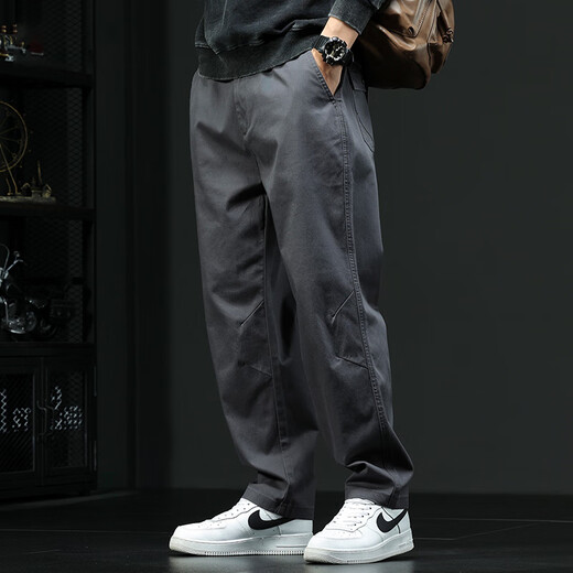 Luo Meng American retro overalls men's casual pants summer new versatile loose large size straight long pants men's pants dark gray XL 150-170Jin Jin equals 0.5 kg