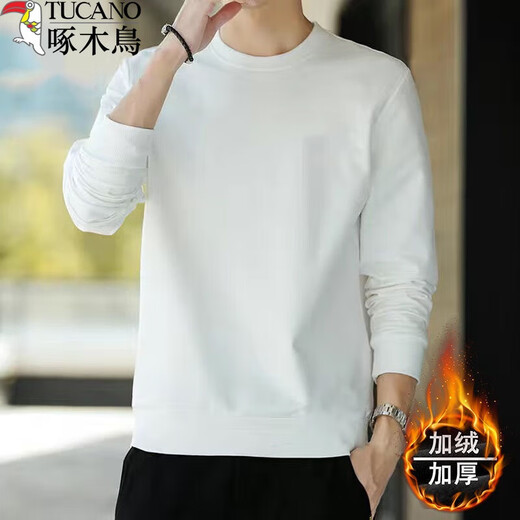 Woodpecker (TUCANO) cotton sweatshirt men's round neck spring, autumn and winter new loose velvet thickened bottoming shirt men's youth long-sleeved t-shirt black-velvet XL (recommended 120-135 Jin Jin equals 0.5 kg)