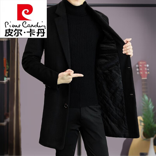 Pierre Cardin windbreaker men's mid-length Korean version slim fit autumn and winter thickened woolen woolen coat men's woolen coat knitted 82 black M 90-115Jin Jin equals 0.5 kg