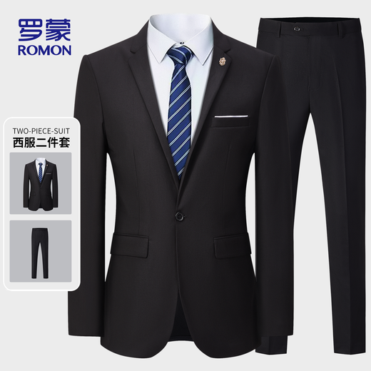 ROMON Suit Men's Business Slim Professional Formal Wear Groomsman Groom Wedding Dress Two-piece Y306 Black XL