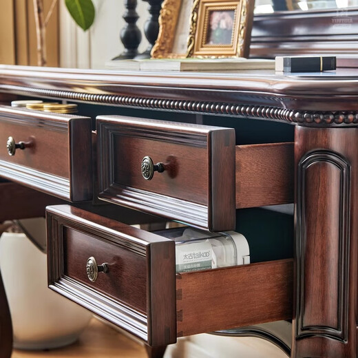 One-to-one American solid wood dressing table, all solid wood golden teak retro dressing table, bedroom storage dressing table, golden teak dressing table + makeup stool (with makeup mirror)