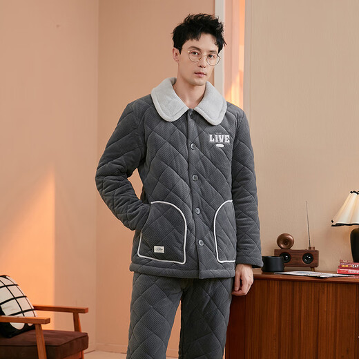 Fenton pajamas for men, three-layer thickened quilted, autumn and winter warm velvet lapel embroidered warm long-sleeved home wear set, retro gray-men's 2XL