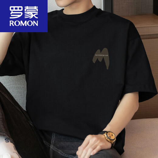 
ROMON (ROMON) 260g American heavyweight T-shirt men's short-sleeved round neck top summer trendy loose cotton half-sleeved T-shirt M09-694 black 2XL 160-180Jin [Jin equals 0.5 kg]