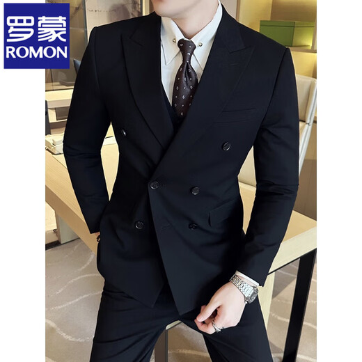 ROMON high-end customized suit men's British style double-breasted business casual suit large size three-piece formal wedding suit 338 black double-breasted single-piece suit XL (125-140Jin Jin equals 0.5 kg)