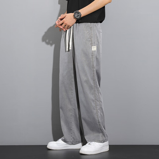 Zomes Tiansi Jeans Herren Sommerdünne Modemarke Modemarke Straight Loose Herren Ice Seide Wide Legs Sommer Casual Long Hosen 1048 Gray L Empfohlen 115-135jin [Jin gleich 0,5 kg]