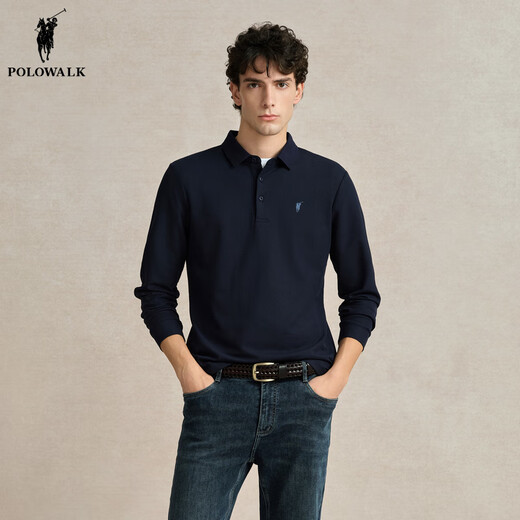 POLOWALK men's long-sleeved polo shirt men's 2024 new autumn and winter daily office workers business lapel long-sleeved polo shirt Navy XL (180)