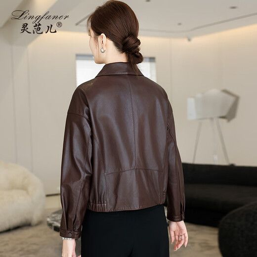 Lingfaner Haining genuine leather small leather jacket for women 2024 new spring and autumn casual first layer sheepskin jacket short style red coffee color 3XL