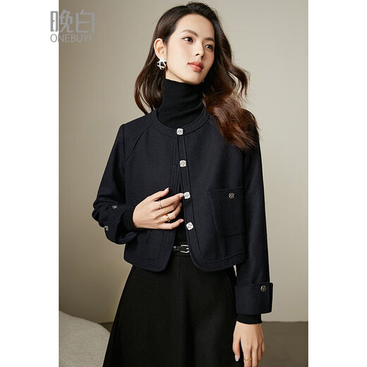 Late White New Product 2025 Autumn and Winter Fashion Simple Casual Jacket Round Neck Wool Temperament Short Jacket for Women Dark Blue M
