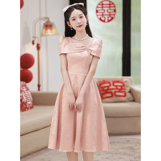 Lanka Roni high-end art exam evening dress female pink petite French niche engagement dress bridesmaid dress can be worn at ordinary times pink S (recommended 86-95Jin Jin equals 0.5 kg)
