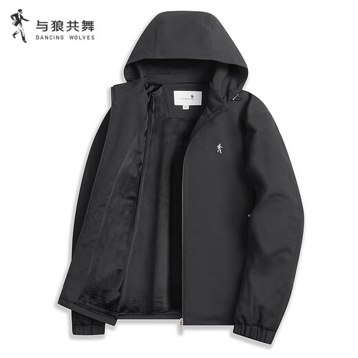 Dances with Wolves, fleece lining, winter outdoor casual hooded windproof and warm men's jacket 001 black 175
