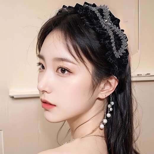 Bai Shilin Lace Velvet Rhinestone Bow Headband Women's Going Out High-end Hairband Headwear High-End Hairpin Valentine's Day Gift Black Rhinestone Bow Headband