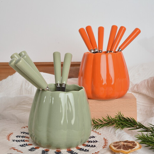 Durable fruit fork, household stainless steel fruit picks, dessert fork, coffee spoon set, storage fork, creative light luxury style, 1 can + 6 forks, avocado green