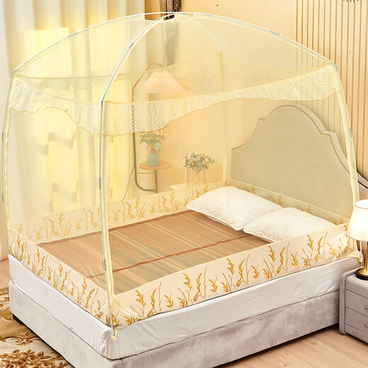 Mongolian yurt mosquito net new home use 2024 three-door removable and washable no installation 2024 bedroom back payment anti-fall children pastoral mosquito net (yellow full bottom) 1.5m (5 feet) bed