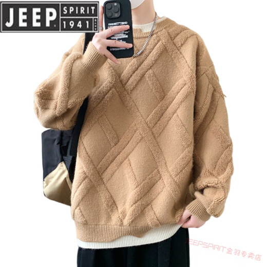 JEEP SPIRIT假两件圆领毛衣男秋冬季菱格提花针织衫青年加厚保暖打底毛线衣 9227卡其 M 约90-110斤可穿