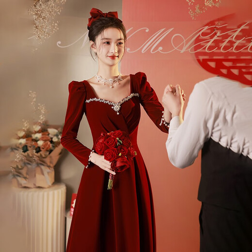 Libaixin toasting dress bride 2025 new autumn and winter burgundy engagement dress high-end long-sleeved velvet wedding atmosphere burgundy L