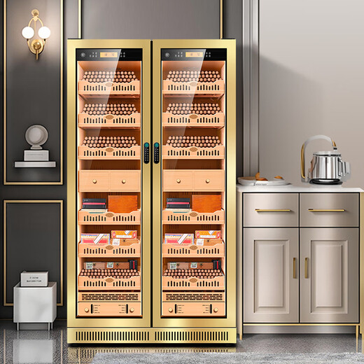 CIGARLOONG 320C2 cigar cabinet with constant temperature and humidity, water ion ammonia removal, cedar wood inner tank, moisturizing cabinet, household WiFi intelligent control fingerprint password lock, large capacity double door compressor cabinet, rose gold burl pattern cedar wood inner tank, clean ammonia + WiFi + fingerprint lock, cigar cabinet