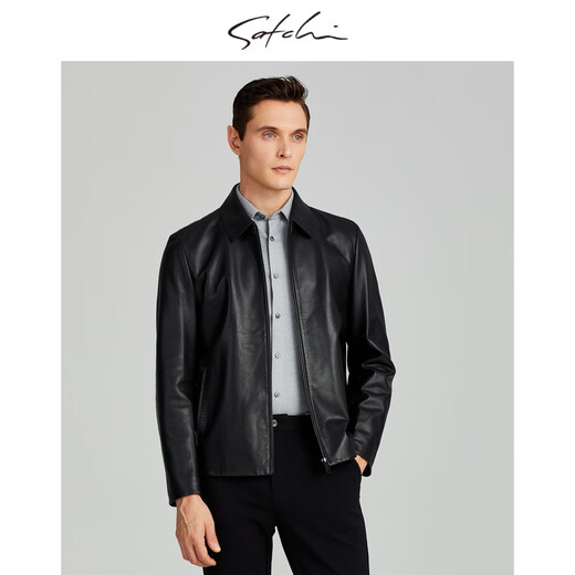 沙驰（SATCHI）男装男士真皮皮衣2025秋季新款绵羊皮短款商务夹克外套 黑色 46