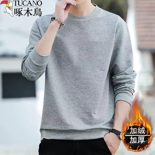 Woodpecker (TUCANO) cotton sweatshirt men's round neck spring, autumn and winter new loose velvet thickened bottoming shirt men's youth long-sleeved t-shirt black-velvet XL (recommended 120-135 Jin Jin equals 0.5 kg)