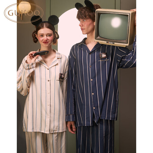 Gukoo couples pajamas Disney series joint spring and autumn home clothes striped lapel pajamas for men and women almond white women M