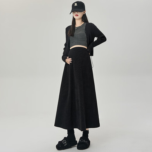 Miduli Maternity Skirt Autumn and Winter European Cotton Velvet Skirt A-Line Pleated Skirt Winter Pregnancy Long Skirt Maternity Wear Black XL