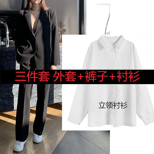 FANAOGE Spring and Autumn College Student Interview Professional Wear Fashion Suit Suit Temperament Suit Formal Women's Suit High-end Work Clothes Spring and Autumn Model_Black 3-piece Suit_Coat + Pants + Shirt with Shoulder Pads