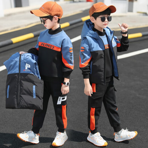 Three-piece set Monkey Brother Children's Clothing Boys' Velvet Suit Winter Clothes New Thickened Medium and Large Children's Winter Vest + Sweatshirt + Casual Pants Boys Student Three-piece Set 3-15 Years Old Trendy Off-White 140 (Recommended Height Around 130CM)