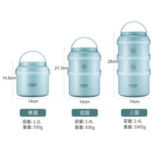 TAFUCO student lunch box 304 stainless steel work divider large capacity three-layer dinner plate 2.4L-Tianhu Blue-T5349