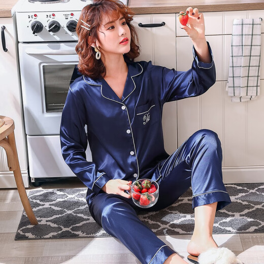 Yiman'an Couple Pajamas Women's Spring and Autumn Ice Silk Long-Sleeved Home Clothes Set Fashion Plus Size Casual Women's Pajamas 310 Navy Blue Women's *L