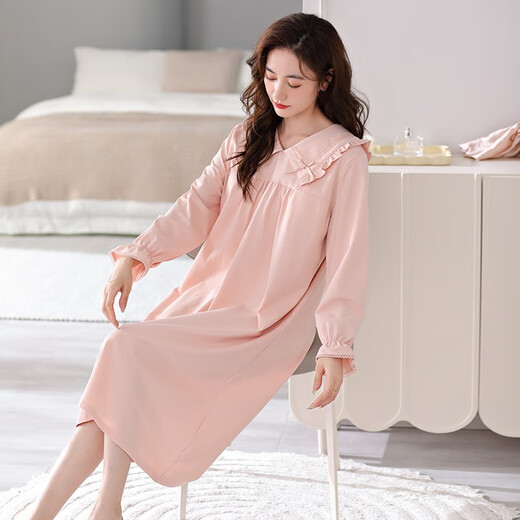 Clolv Kuss Nachthemd mit Brustpolster für Frauen Neue Frühling und Herbst reines Baumwoll-Langarm-Kleid Pyjamas Frauen können im Herbst im Herbst 671 Weichpulver (mit Brustpolster) L [160-165C100-125jin [Jin gleich 0,5 kg] tragen]