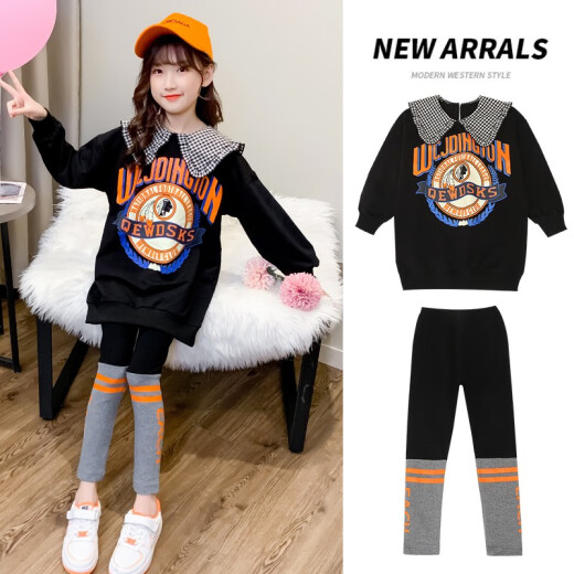 Xingdi Bear Girls Suit Children's Clothing Girls Spring and Autumn Suit Korean Style Mid-Length Plaid Collar Printed Sweatshirt Leggings Two-piece Set Medium and Large Children's Clothes Brand Black 150 Size Recommended for 140cm Height