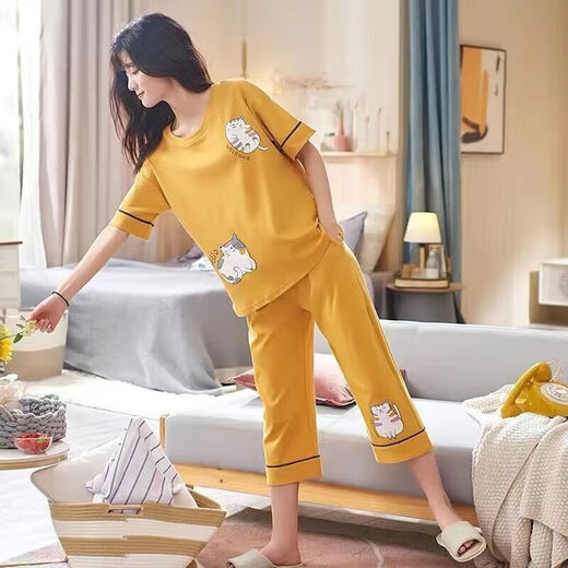 Pajamas de Langsha para mujeres en el verano, los pantalones recortados de manga corta para mujeres en primavera y verano pueden usar dibujos animados lindos trajes de ropa para el hogar para al aire libre. Pantalones cortados de manga corta 683 m_sugestionados 80-98jin [Jin equivale a 0.5 kg]