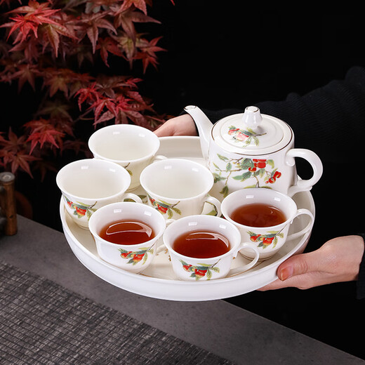 Songhui white porcelain gold-painted Kung Fu tea set with ceramic plate for home use, simple ear-proof anti-scalding teapot, small set, everything goes well (teapot 400ml tea cup 80ml tea tray 25)