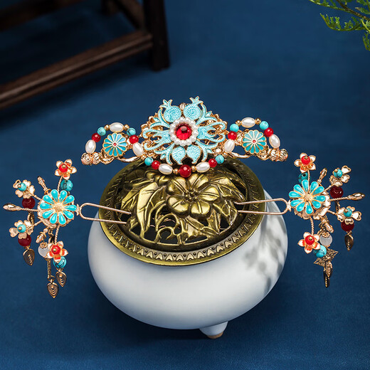 Wanbaozi burnt blue headdress set cloisonné step rocking hairpin Ming hair crown women Hanfu hair accessories ancient style hairpin complete set of accessories Dunhuang suit