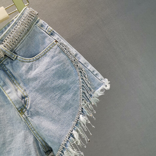 Mad Cortes original fashion brand design denim shorts for women summer slimming rhinestone tassel trendy fashion hot pants light blue M