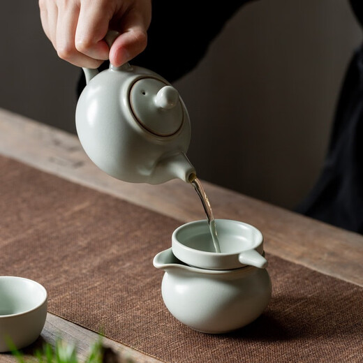 Rudao Ru Kiln Kung Fu Tea Set Covered Bowl Teapot Teacup Complete Set Ru Kiln Rare Open Slices Azure Retro Ceramic Household Tea Maker Gift Box Packaging Ru Kiln Square Ear Pot 11-pack Gift Box