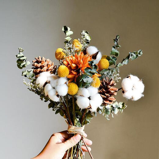 AIMAN dried flowers immortal flower decorative ornaments cotton real flowers small fresh eucalyptus leaves daisies pine cones living room bedroom flower arrangement wealth flower + snow lotus + immortal off-white hydrangea dried flower bag