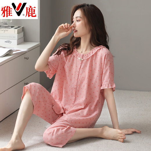 雅鹿梭织纯棉睡衣女夏季薄款短袖七分裤纱布全棉显瘦休闲家居服套装 5021 170(XL) 120-160斤