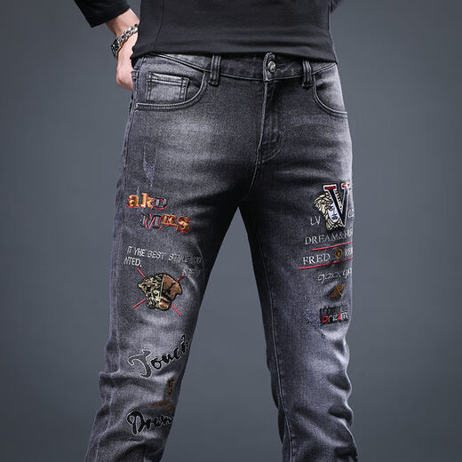 European moderno marca de moda y otoño Jeans impresos con luz impresa para hombres European European pantalones de moda elástica de alta gama SN1916 Blue Grey 6628 31 Circunción de cintura (2 pies 4)