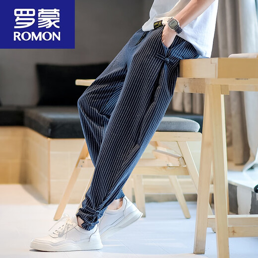 罗蒙（ROMON）夏季中国风男装棉麻九分裤男士条纹裤子亚麻裤男宽松大码束脚裤男 983白色 L 115-130