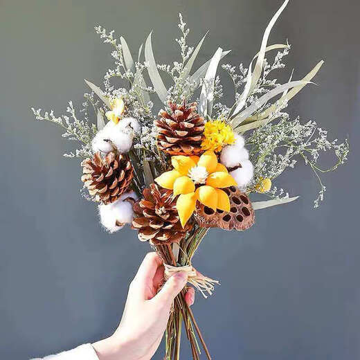 AIMAN dried flowers immortal flower decorative ornaments cotton real flowers small fresh eucalyptus leaves daisies pine cones living room bedroom flower arrangement wealth flower + snow lotus + immortal off-white hydrangea dried flower bag